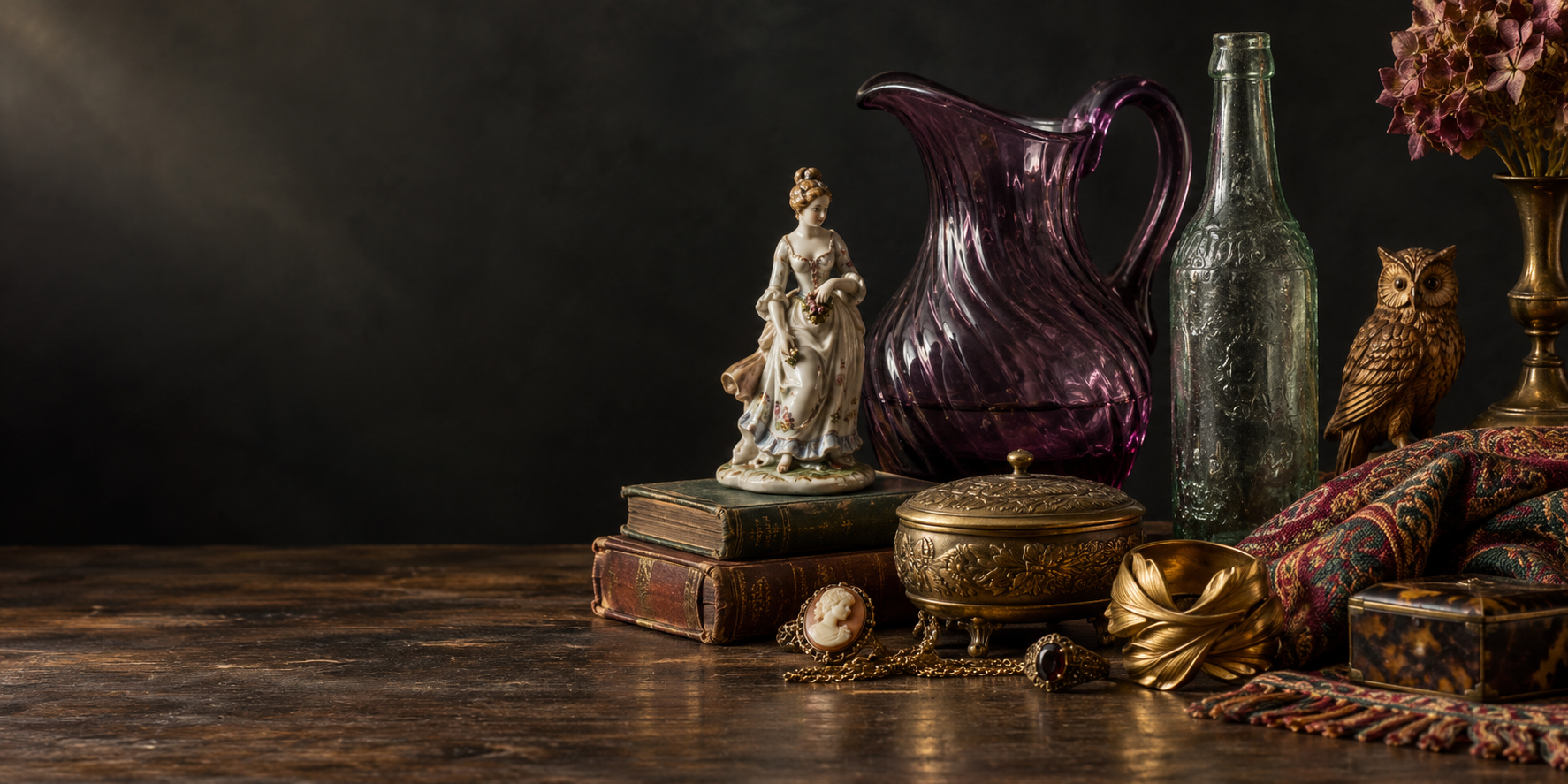 A curated tabletop of vintage glass, porcelain, jewelry, books, textiles, and a small owl